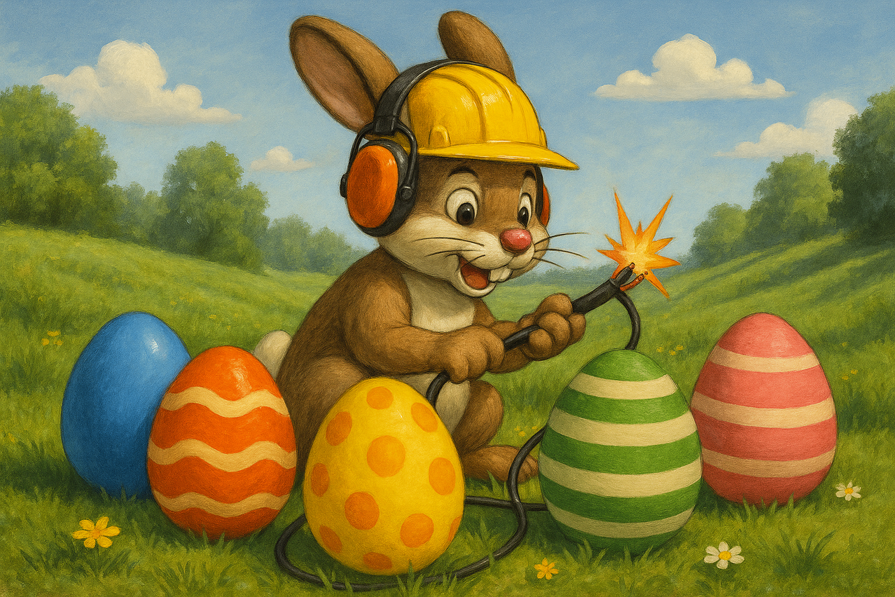 Ein Osterhase in einem gelben Schutzhelm und Ohrenschützern knackt ein Osterei mit einem Schlauch. In der Nähe befinden sich mehrere andere Ostereier, eines mit einem gestreiften Muster.