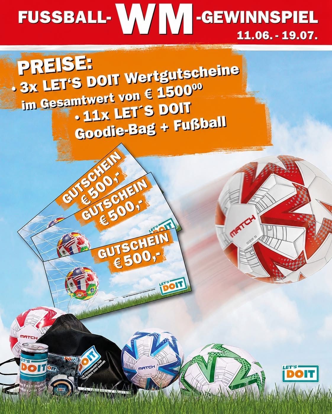 Eine Werbung für Let's DOIT präsentiert drei Geschenkgutscheine im Wert von je 500 Euro, insgesamt 1.500 Euro, und 11 Goodie-Bags mit einem Fußball. Ein Fußball mit rotem, weißem und schwarzem Design fliegt durch die Luft.