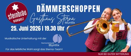 Eine Anzeige für ein Musikevent. Es zeigt eine Person, die Posaune spielt. Das Event trägt den Titel 'Dammerschopp'. Es ist für 19:30 Uhr geplant. Die Harmonium Music Muntlix wird erwähnt.