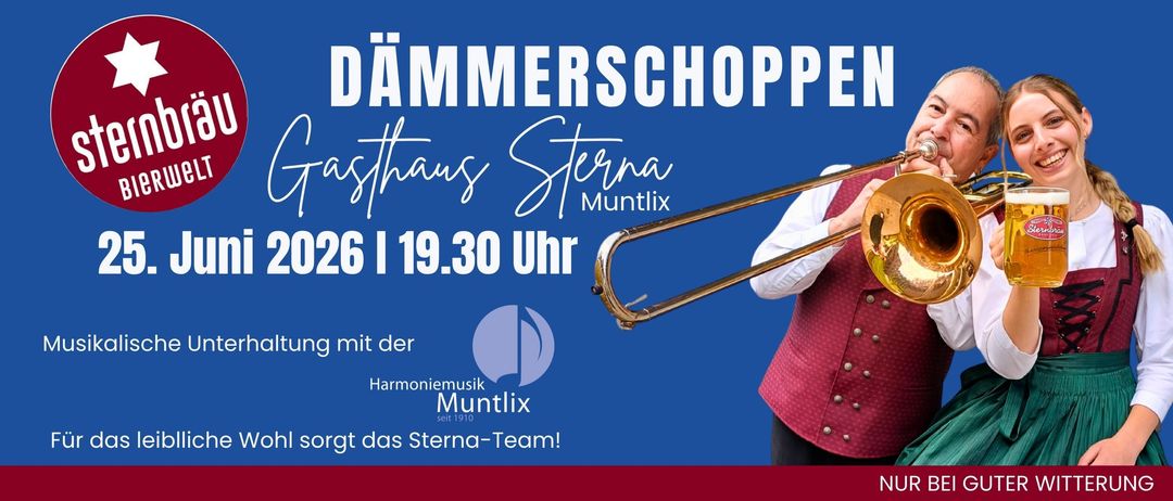 Eine Anzeige für ein Musikevent. Es zeigt eine Person, die Posaune spielt. Das Event trägt den Titel 'Dammerschopp'. Es ist für 19:30 Uhr geplant. Die Harmonium Music Muntlix wird erwähnt.