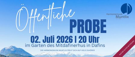 Ein Plakat für ein Musikevent mit der Band Harmoniemusik Muntlix, geplant für den 1. Juli 2026 um 20 Uhr im Mittagfinerhus in Davos.