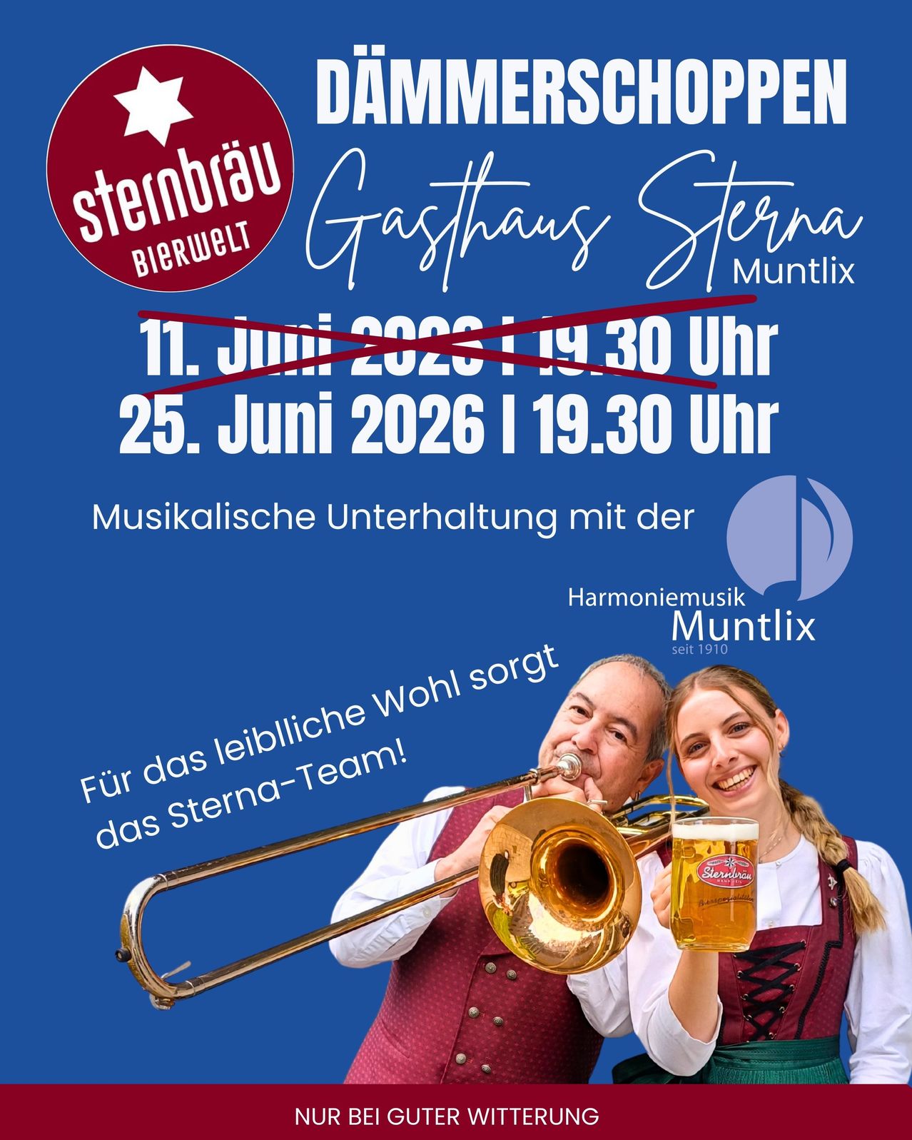 Poster for Gasthaus Sterna's musical event with the Sterna-Team. It features two musicians, one playing a trombone and the other holding a glass of beer. The event is scheduled for June 25, 2026, at 19:30.