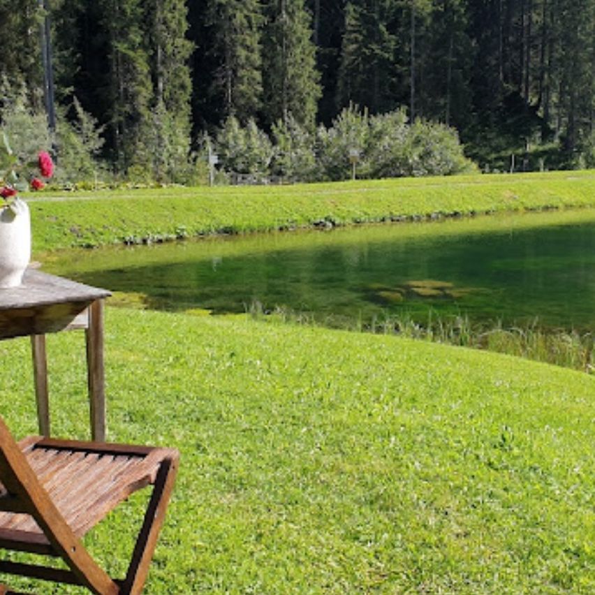 A wooden chair with a vase of red flowers on a table by a calm lake with a forest in the background.