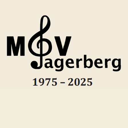 Das Bild zeigt ein Logo mit einem Violinschlüssel und dem Namen 'MV Jagerberg', zusammen mit den Jahren '1975-2025'. Das Design ist schlicht und verwendet ein musikalisches Thema.