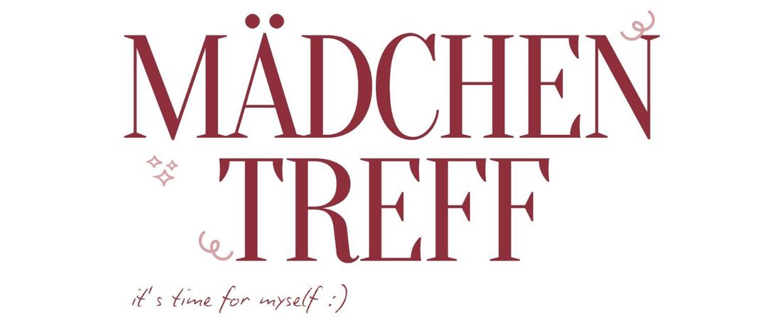 Das Bild zeigt das Logo für 'Madche Treff', in Dunkelrot auf weißem Hintergrund. Darunter steht die Phrase 'me for myself' in kursiver Schrift, was einen persönlichen oder intimen Kontext andeutet.