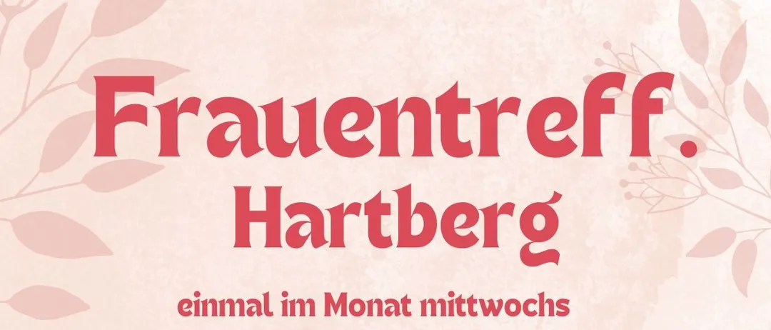 Plakat für Hartberg Frauentreffen mit Terminen und Kontaktinformationen. Illustration von zwei Frauen mit lockigem Haar.