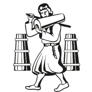 Eine stilisierte Illustration eines Mannes, der ein großes aufgerolltes Objekt auf dem Rücken trägt, in traditioneller Kleidung, mit zwei hölzernen Fässern dahinter.