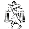 Eine stilisierte Illustration eines Mannes, der ein großes aufgerolltes Objekt auf dem Rücken trägt, in traditioneller Kleidung, mit zwei hölzernen Fässern dahinter.