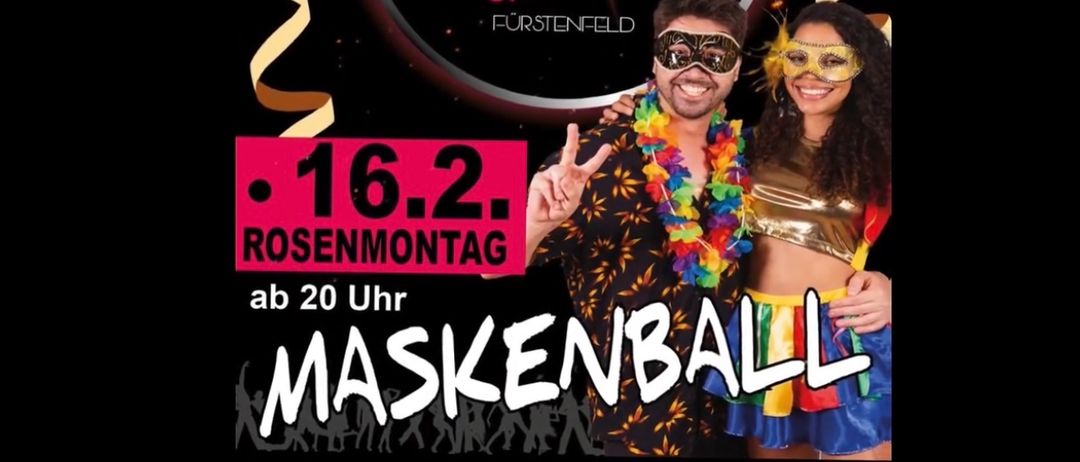 Plakat für die Havana Lounge und Dance Veranstaltung, mit einem Mann und einer Frau in Kostümen mit Masken, Datum vom 16. Februar, Beginn um 20 Uhr.