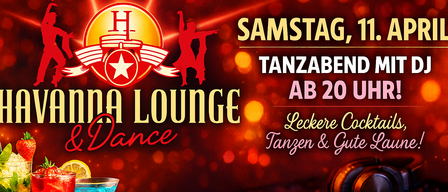 Ein Plakat für eine Samstags-Tanzparty im Havana Lounge, mit DJ-Mixer, Kopfhörern und einem blauen Cocktail.