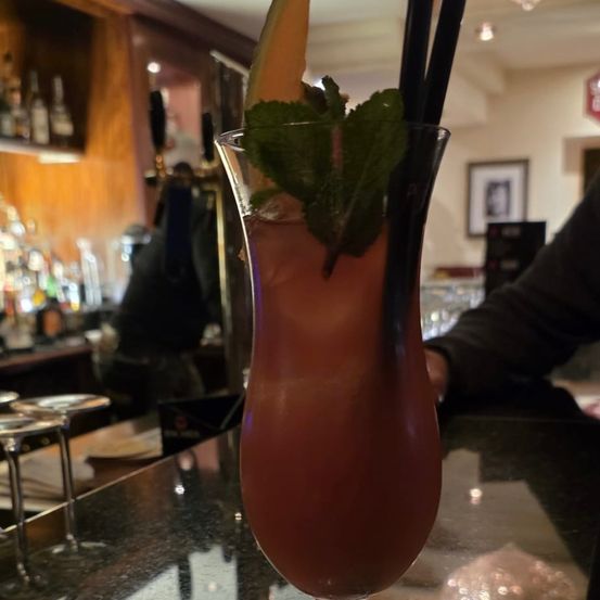 Ein hoher Glas mit einem roten Getränk, garniert mit einer Scheibe Wassermelone und Minzblättern, steht auf einer Theke mit einem unscharfen Hintergrund einer Bar.