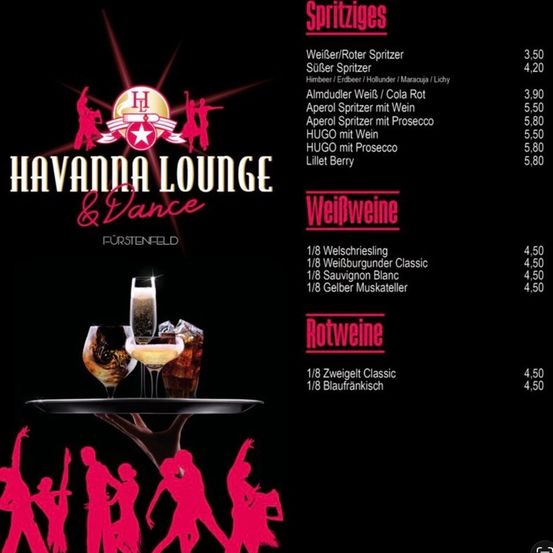 Ein schwarzes Menü zeigt Getränke mit ihren Preisen an. Der obere Teil umfasst Spritzer und Weißweine, der untere Teil Rotweine. Das Bild hat eine Silhouette tanzender Figuren und ein Logo für Havana Lounge und Dance.