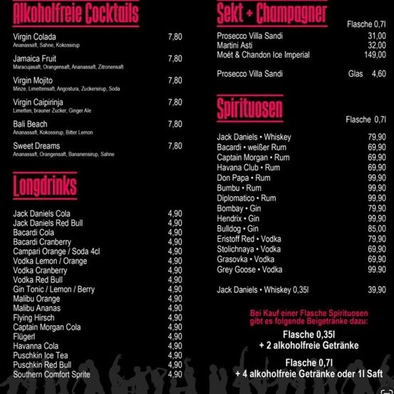 Eine Speisekarte mit alkoholischen und alkoholfreien Getränken mit Preisen. Alkoholfreie Getränke umfassen Virgin Colada, Jamaica Fruit und Virgin Caipirinha. Alkoholische Getränke umfassen Jack Daniels Whiskey, Bacardi Rum und verschiedene andere Spirituosen.