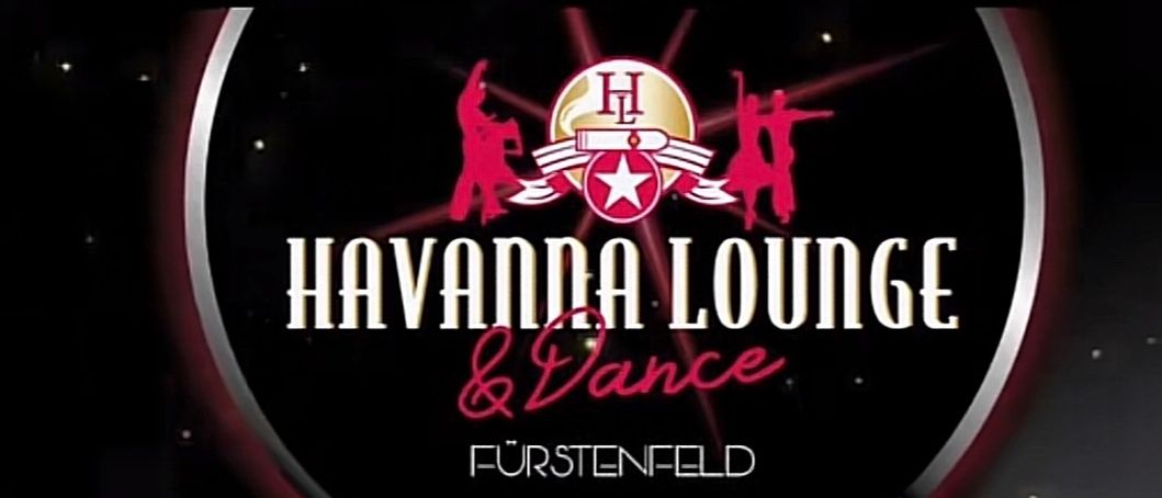 Das Bild zeigt das Logo für Havana Lounge & Dance. Das Logo zeigt einen Stern, zwei tanzende Silhouetten und den Text 'Havana Lounge & Dance'. Darunter steht der Name 'Furstenfeld'. Das Design ist in Rot, Weiß und Gold gehalten.
