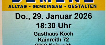 Poster for an event about dementia. Date: Thursday, January 29, 2026, time: 18:30. Location: Gasthaus Koch, Kainreith 72, 3752 Kainreith. Speaker: Natascha Barger-Geist, DGKP. Admission is free.