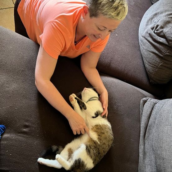 Eine Frau in einem orangefarbenen Shirt streichelt eine Katze auf einem Sofa. Die Katze liegt auf dem Rücken und schaut die Frau an.