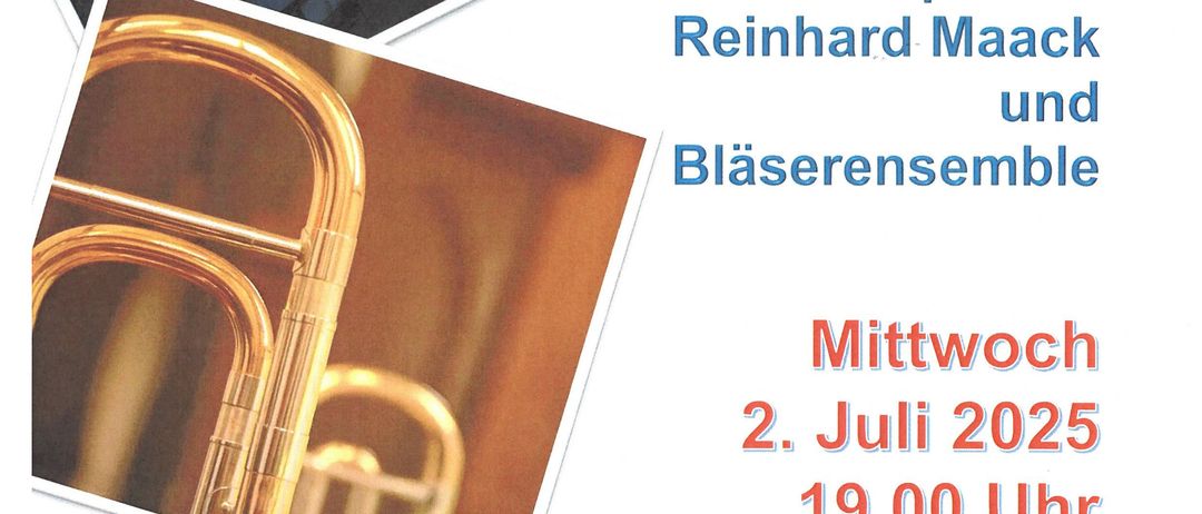 Ein Plakat bewirbt einen Abendgottesdienst in der Evangelischen Kirche Gols. Es zeigt ein Bild einer Kirche mit Turm und Bläserensemble. Der Termin ist für den 2. Juli 2025 um 19:00 Uhr angesetzt.