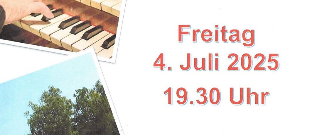 Eine Werbung für ein Konzert am 4. Juli 2025 um 19:30 Uhr, mit Mario Merz an der Orgel und Pfarrer Reinhard Maack am Cembalo. Der Veranstaltungsort ist die Klosterkirche Marienkron.