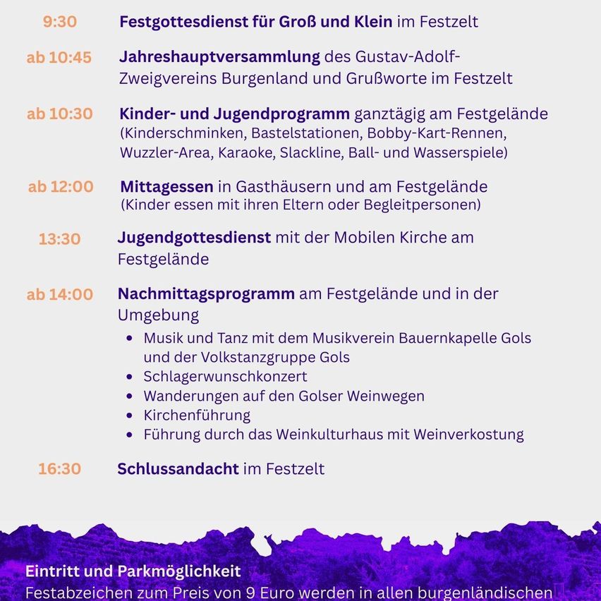 Der Zeitplan des Festivals umfasst Morgengottesdienst, Jahreshauptversammlung, Kinder- und Jugendprogramm, Mittagessen, Jugendgottesdienst, Abendprogramm und Schlussandacht. Das Abendprogramm beinhaltet Musik, Tanz, Konzerte und Wanderungen.