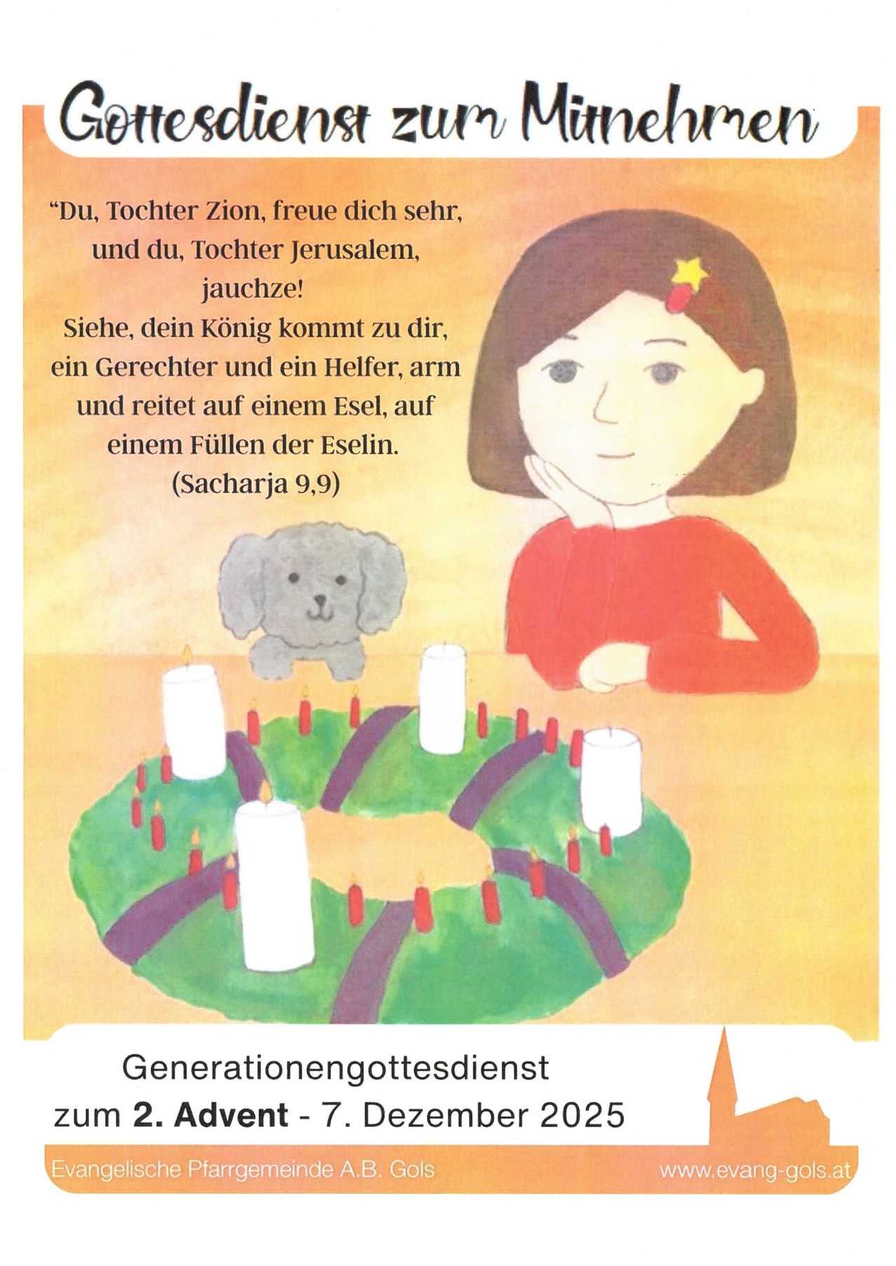 Ein Kind mit einem Stern auf dem Kopf sitzt neben einem Kranz aus brennenden Kerzen. Der Kranz hat rote und weiße Kerzen und steht vor einem gelben Hintergrund. Ein deutscher Text befindet sich über dem Kind.