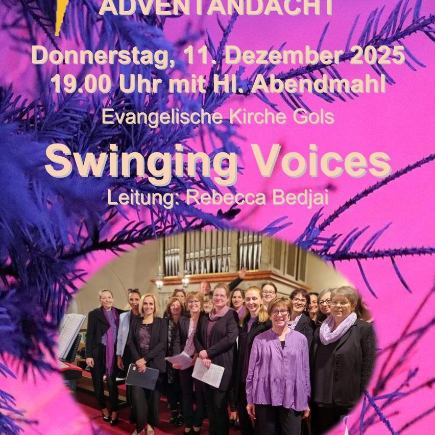 Plakat für die 'Swinging Voices'-Veranstaltung am 11. Dezember 2025 um 19:00 mit Abendessen. Es zeigt einen Chor in formeller Kleidung vor einer Kirchenorgel. Der Text ist weiß auf einem rosa und lila Hintergrund.
