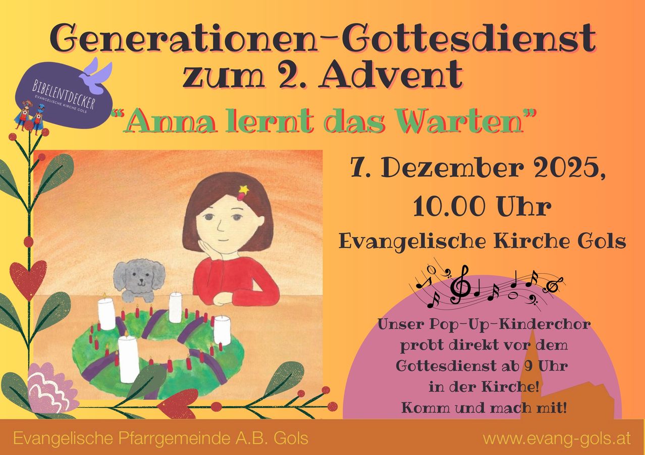 Plakat für einen Gottesdienst der Generationen zum 2. Advent. Zeigt ein Mädchen, Anna, mit Kerzen, einem Hund und Musiknoten. Datum und Uhrzeit sind 7. Dezember um 10 Uhr. Ort ist Evangelische Kirche. Website angegeben.
