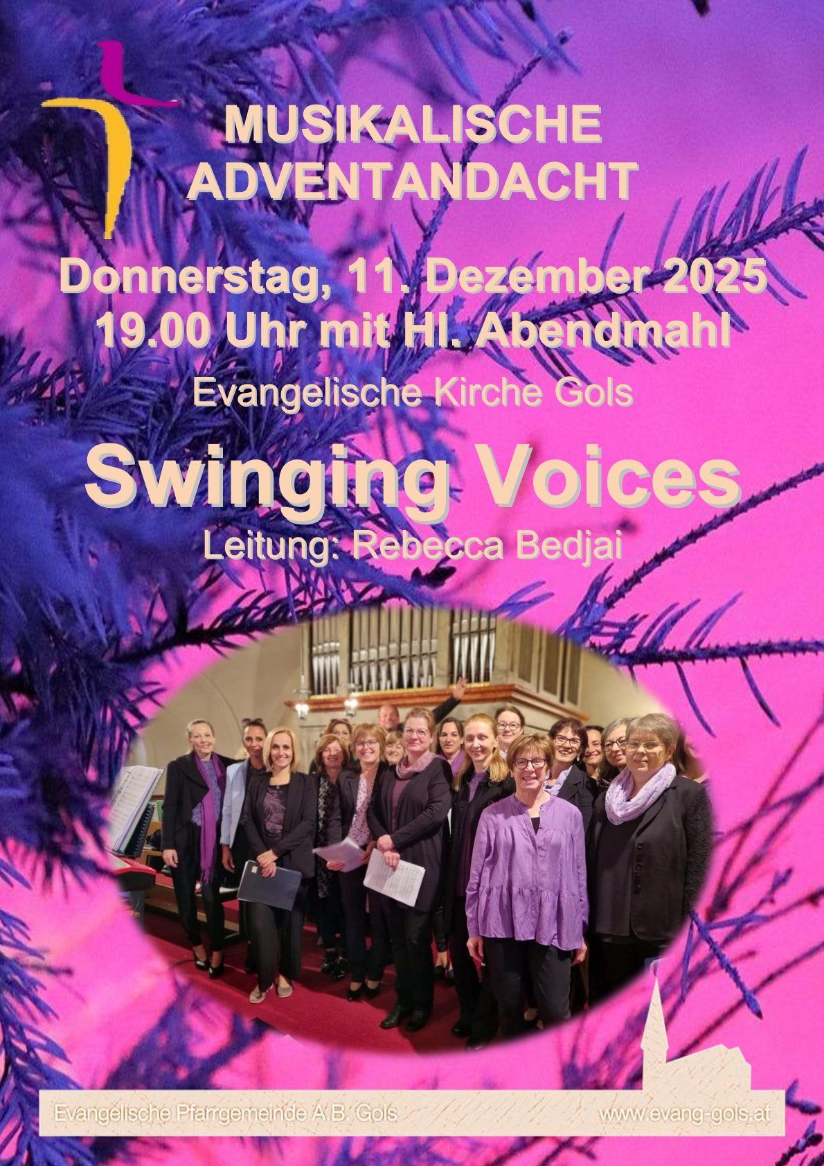 Poster for Advent Sunday service on December 11, 2025 at 7 PM with evening meal. Features the choir Swinging Voices under the direction of Rebecca Bedjai. Photo of choir members in front of an organ.