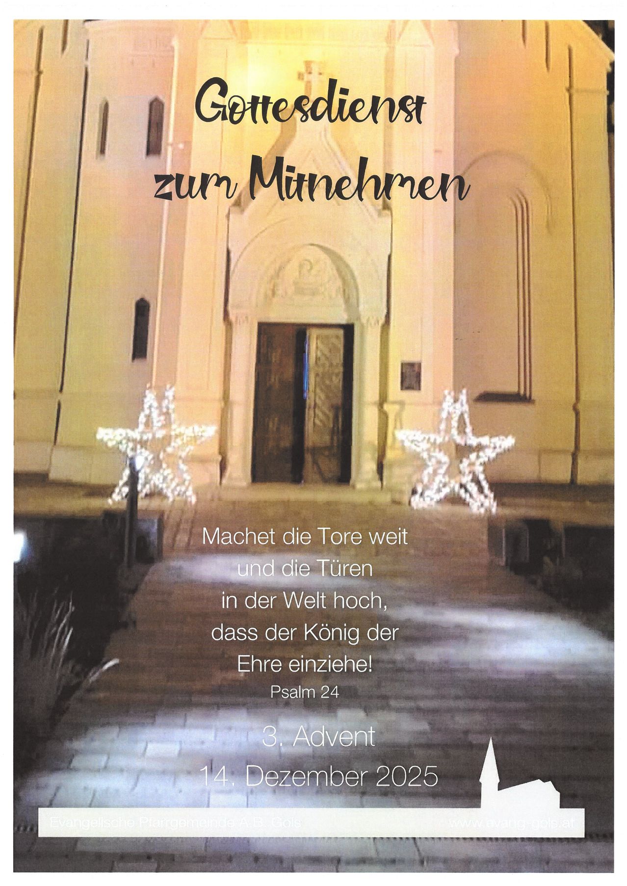 Ein Plakat mit einem Kircheneingang, zwei Sternen und dem Text 'Macht die Tore weit und die Turen in der Welt hoch, dass der Konig der Ehre einzieht! Psalm 24 3. Advent'.