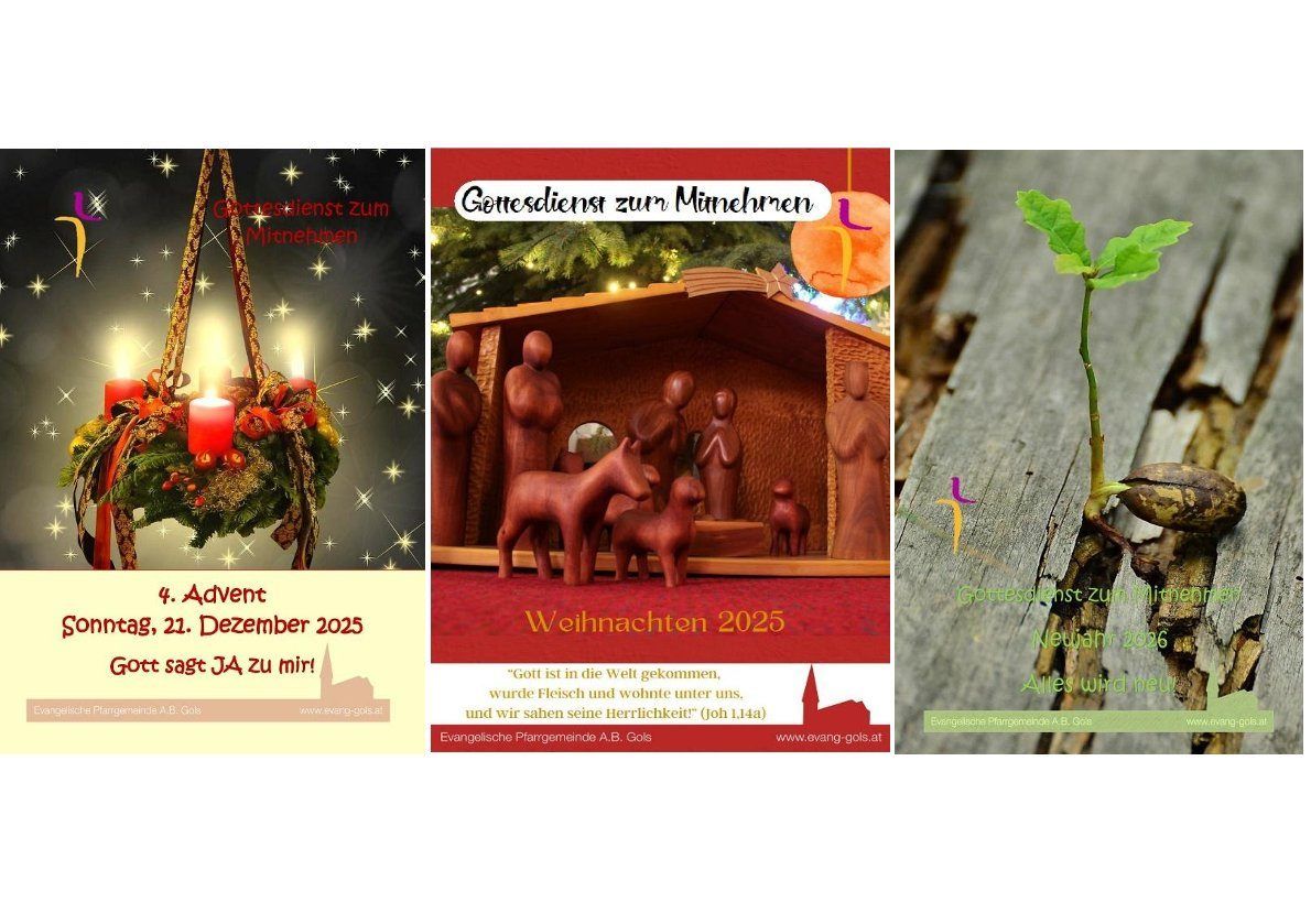 Eine Collage aus drei Bildern, die verschiedene Gottesdienste bewerben. Das erste Bild ist für einen Adventsgottesdienst, das zweite für einen Weihnachtsgottesdienst und das dritte für einen Neujahrsgottesdienst.