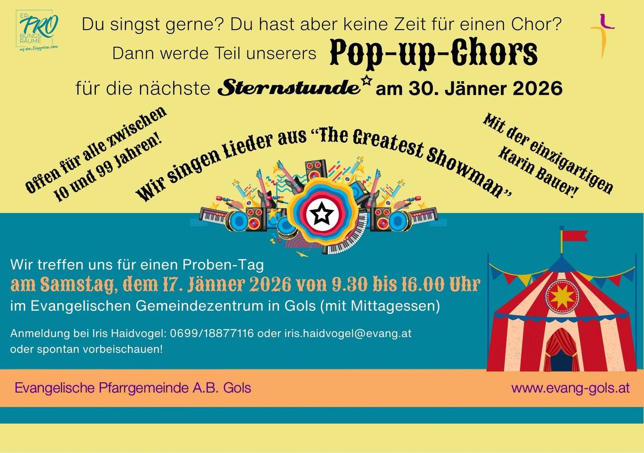 Join our Pop-up Choirs for the next Star Hour on January 30, 2022. Sing songs from 'The Greatest Showman'. Contact Iris Haidvogel at 0699/18877116 or iris.haidvogel@evang.at.