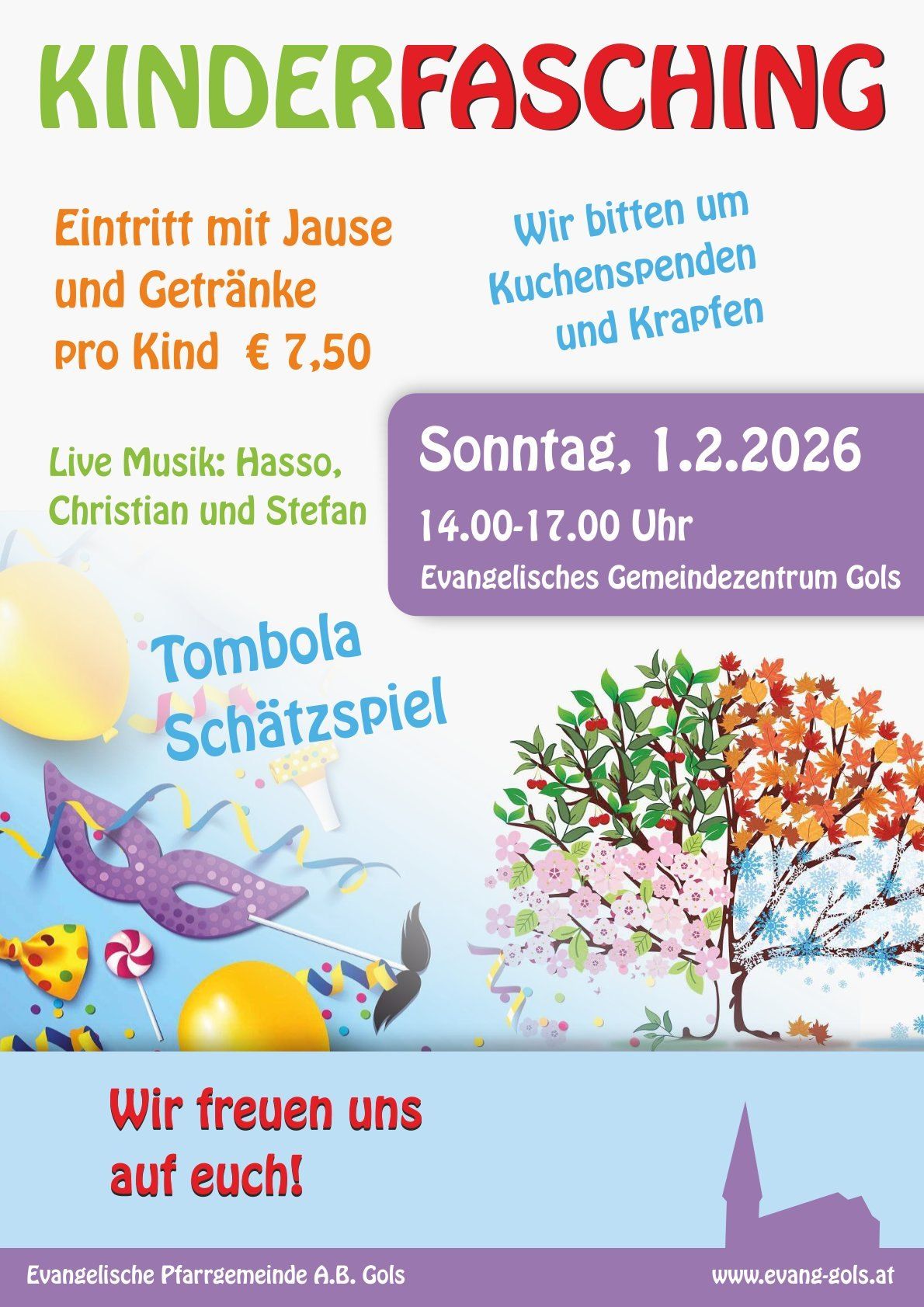 Poster for an event on February 1, 2026, from 2-5 PM at the Evangelical Community Center Gols. Features a colorful tree, balloons, and a masked figure. Includes information about live music, a raffle, and a request for donations.