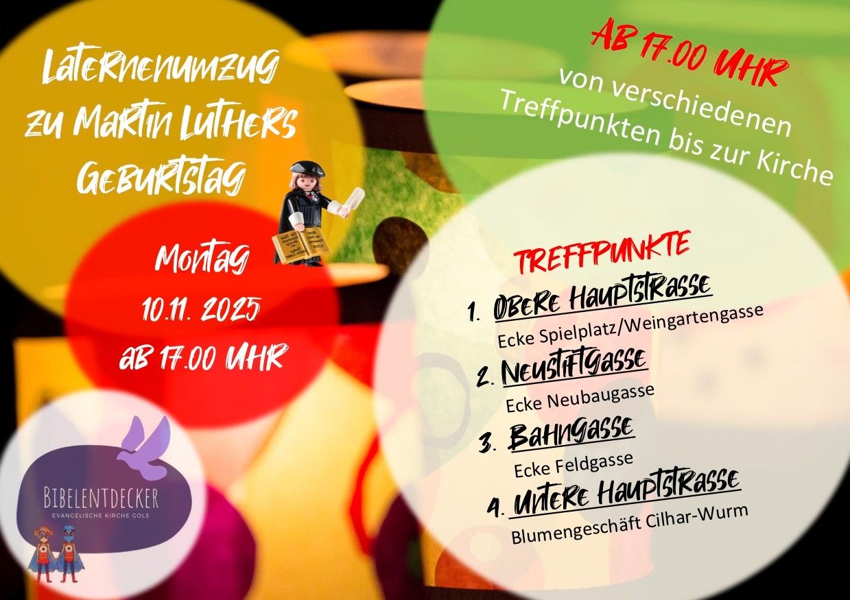 Eine Werbung für Martin Luthers Geburtstag am 10. November 2025, Beginn um 17.00 Uhr. Sie zeigt eine Lego-Figur und listet Treffpunkte auf.