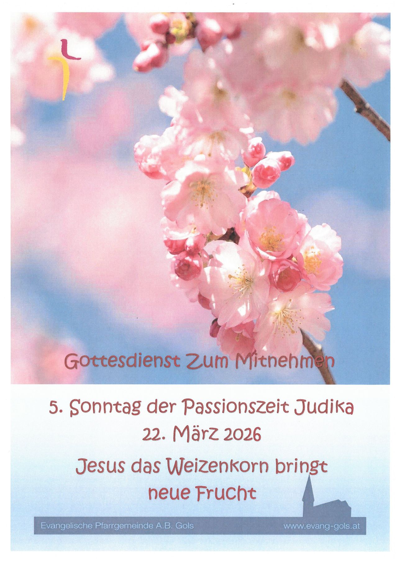 Ein Poster zeigt Kirschblüten in Rosa und Weiß vor einem blauen Himmel. Es enthält den Text 'Gottesdienst Zum Mitnehmen' und '5. Sonntag der Passionszeit Judika 22. März 2026'. Darunter steht 'Jesus das Weizenkorn bringt'.