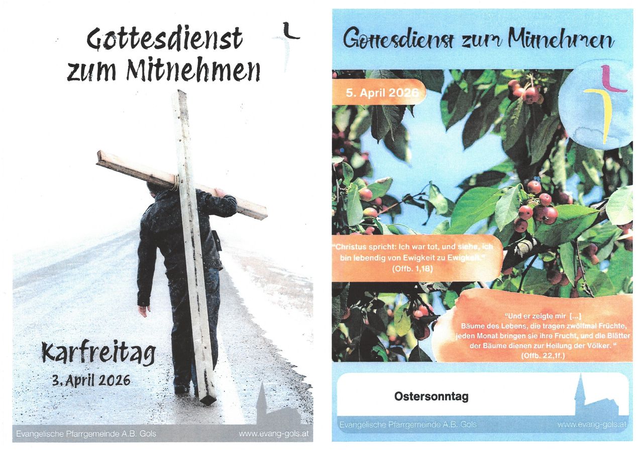 Ein Flyer mit zwei Bildern. Das linke zeigt einen Mann, der ein Holzkreuz trägt. Das rechte zeigt einen Obstbaum mit roten Früchten und einem blauen Himmel. Beide haben Text in Deutsch.