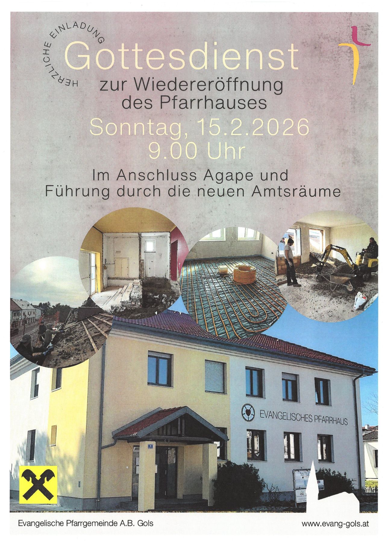 Plakat zur Wiedereröffnung des Pfarrhauses am Sonntag, 15. Februar 2026, um 9 Uhr. Das Plakat zeigt Bilder von laufenden Bauarbeiten.