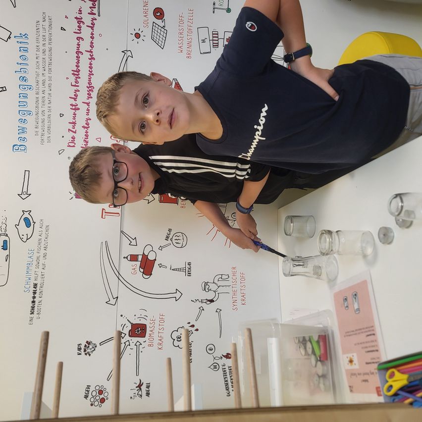 Zwei junge Jungen sind in ein wissenschaftliches Experiment verwickelt. Ein Junge hält einen Schraubendreher, während der andere beobachtet. Sie stehen vor einer Wand mit Diagrammen und Illustrationen zu wissenschaftlichen Themen.