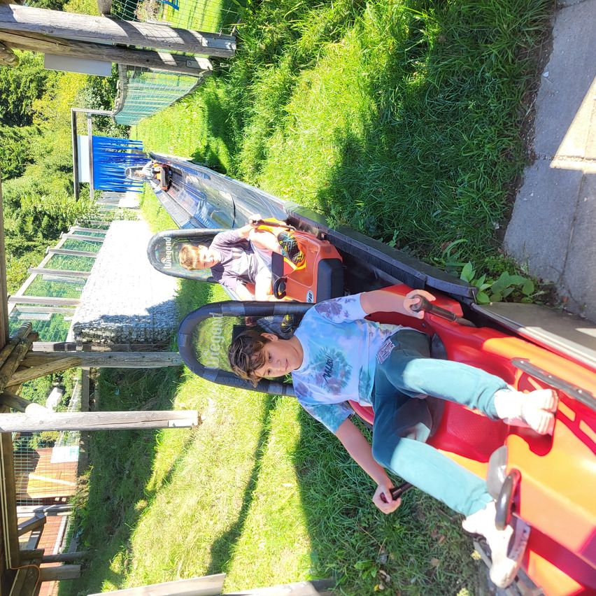 Zwei Kinder fahren einen Bobsled die Strecke hinunter an einem sonnigen Tag. Sie halten das Lenkrad fest, während sie hinunterfahren.