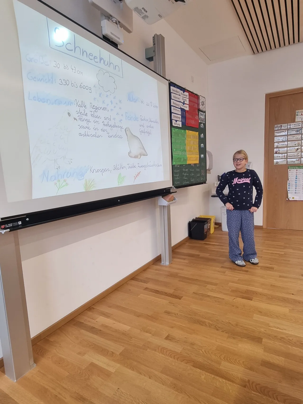 Ein junges Mädchen steht vor einer Tafel in einem Klassenzimmer. Die Tafel hat Zeichnungen und darauf geschriebenen Text.