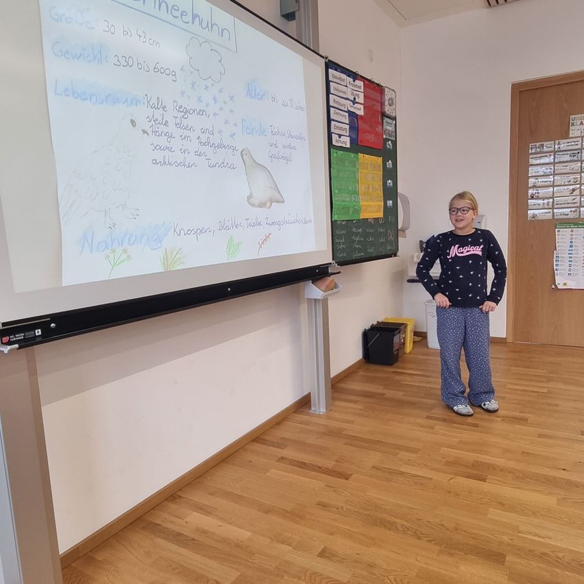 Ein junges Mädchen steht vor einer Tafel in einem Klassenzimmer. Die Tafel hat Zeichnungen und darauf geschriebenen Text.