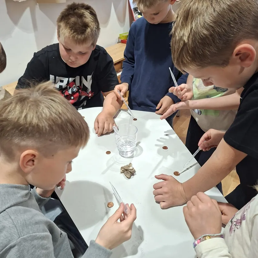 Eine Gruppe junger Jungen versammelt sich um einen Tisch und ist mit einer Aktivität beschäftigt. Sie halten kleine Objekte und verwenden Pipetten, um sie in eine Tasse mit Wasser zu übertragen.
