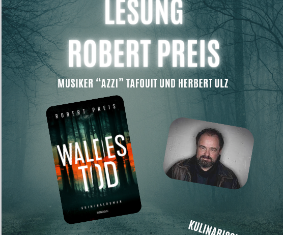 Werbeplakat für eine Lesung von Robert Preis mit Buchcover und Bild des Autors. Die Veranstaltung findet am 23. Oktober 2025 um 19 Uhr im Das Markthaus statt.