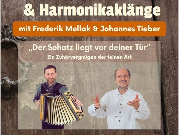 Plakat für eine Veranstaltung mit Erzählkunst und Harmonikaklängen. Mit Frederik Mellak und Johannes Tieber. Datum: 26. März, Zeit: 19:00. Ort: Pfarrhofstadl, GNAS 7. Eintritt: 15 Euro. Weitere Infos: www.freudeanmaerechen.at.