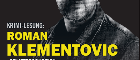 Plakat für eine Krimi-Lesung mit Roman Klementov. Datum: 14.06.2026. Zeit: 18:00. Ort: Obstbau Haas Poppendorf, 568342 Gnas. Tickets: 10€. Kontakt: Chribula - Christina Domittner, 8342 Gnas 18.