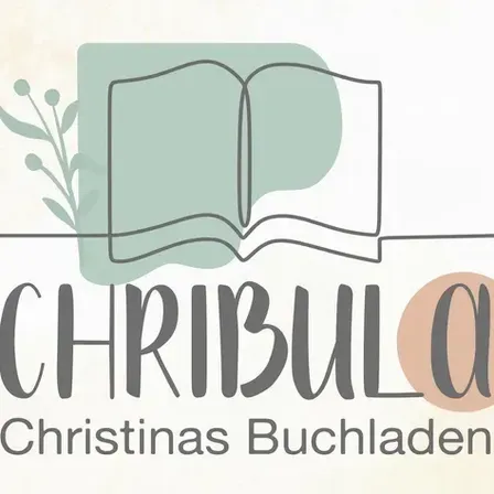 Das Logo für Christinas Buchladen, mit einem offenen Buch auf grünem Hintergrund und Blättern, auf weißem Hintergrund dargestellt.