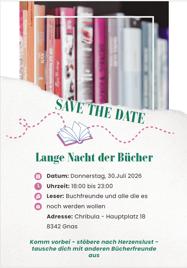 Ein Plakat für die 'Lange Nacht der Bücher' Veranstaltung, mit einem Stapel Bücher und einem offenen Buch, mit Angaben zu Datum, Uhrzeit und Ort.