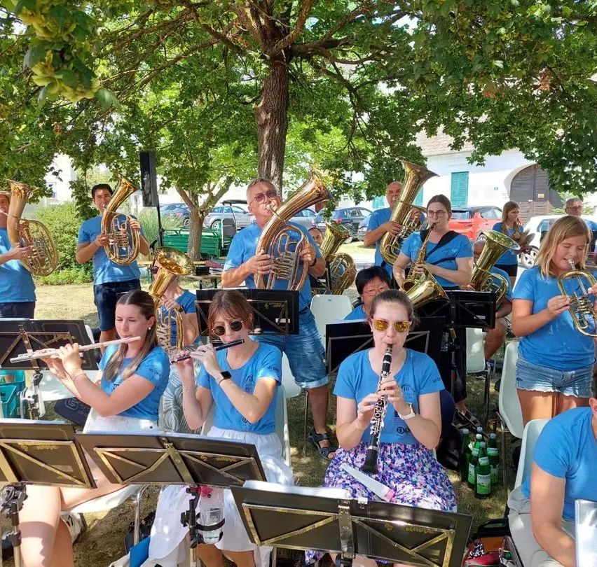 Eine Gruppe von Musikern in blauen T-Shirts spielt verschiedene Instrumente unter einem Baum in einer Außenumgebung. Einige sitzen, andere stehen. Zu den Instrumenten gehören Tubas, Flöten und Klarinetten.