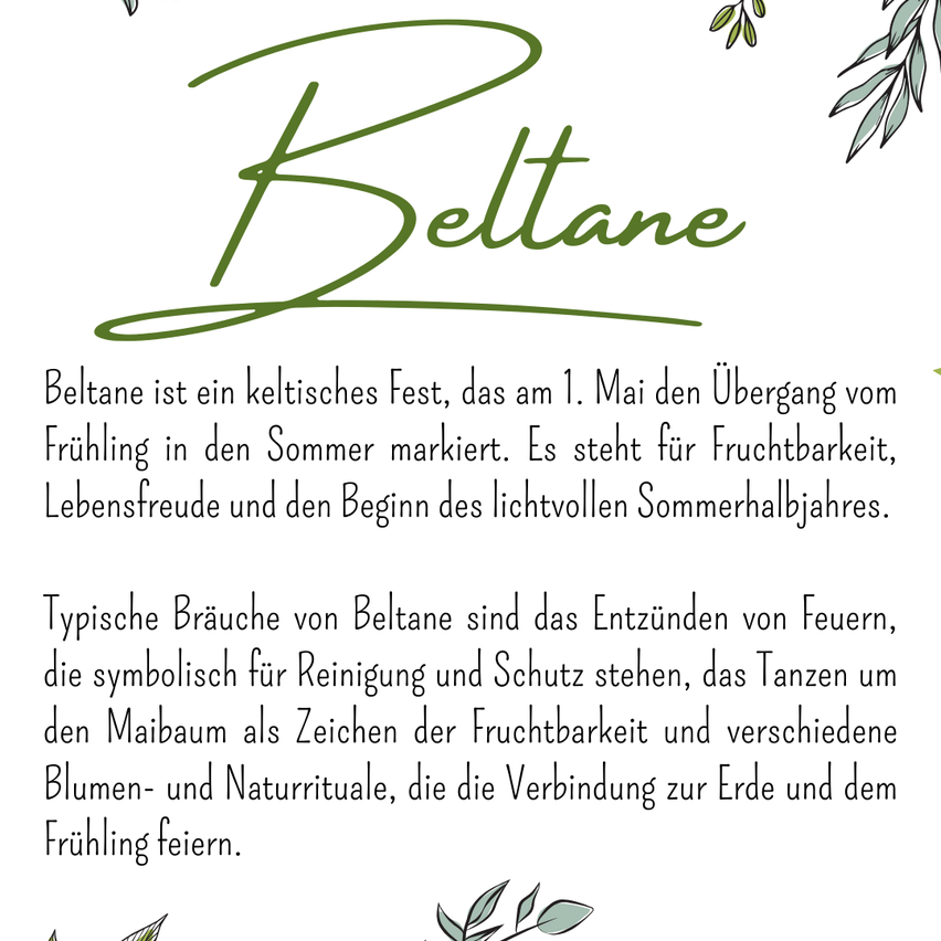 Eine Illustration einer Seite aus einem Buch, mit einem Titel, der Beltane in grünen und fetten Buchstaben liest. Der Text handelt von dem Beltane-Fest, seinen Traditionen und seiner Bedeutung.