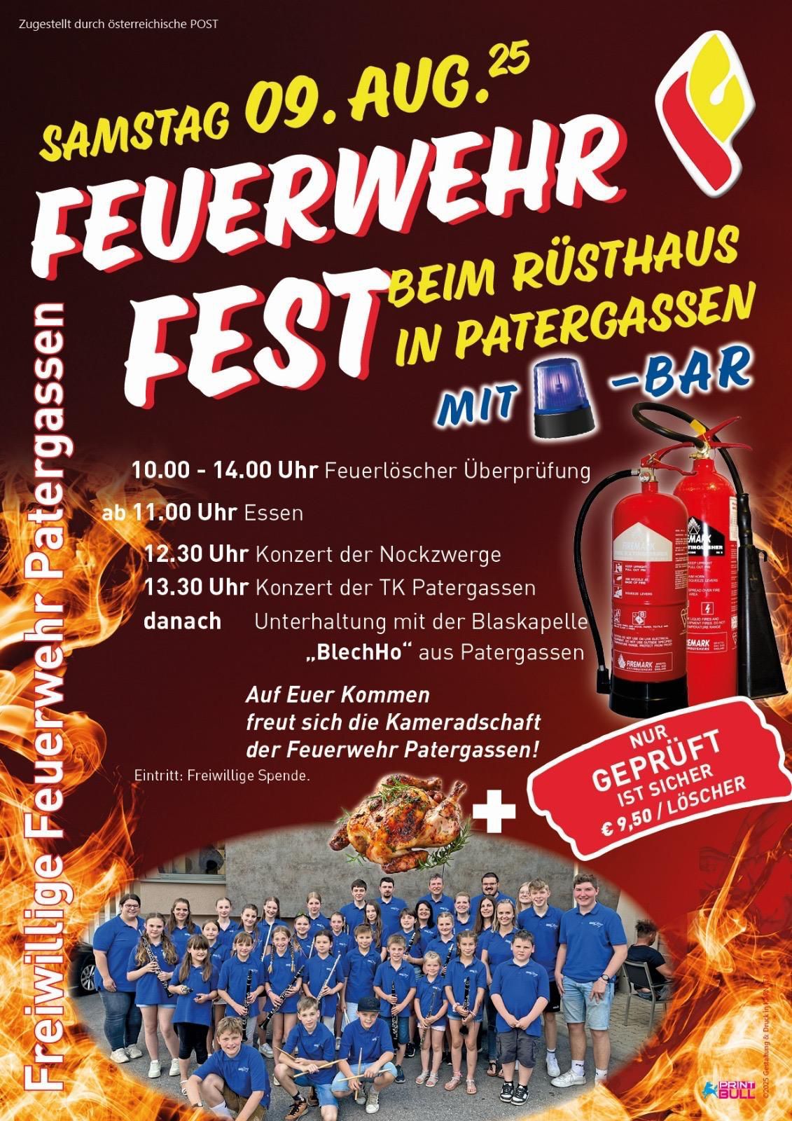 Plakat für das Feuerwehrfest in Patergassen. Es zeigt Feuerlöscher und einen Feuerwehrwagen. Veranstaltungen umfassen eine Überprüfung der Feuerlöscher, eine Mahlzeit, Konzerte und Unterhaltung. Der Eintritt erfolgt durch freiwillige Spenden.