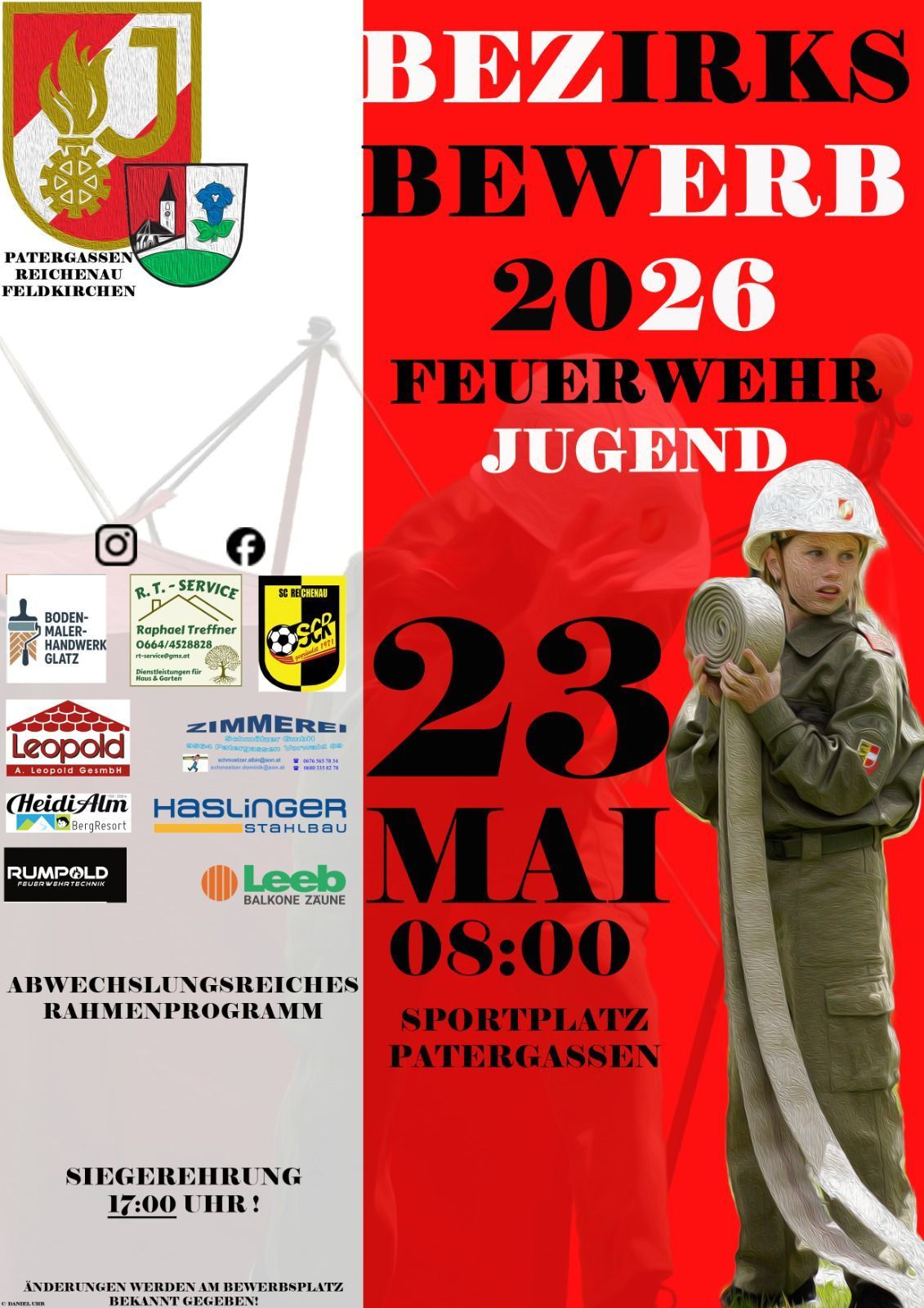 Plakat für die Jugendveranstaltung der Feuerwehr 2026 am 23. Mai um 08:00 auf dem Sportplatz Patergassen. Enthält Logos und Sponsoren. Ein junger Mensch in Uniform hält einen Feuerlöscher.