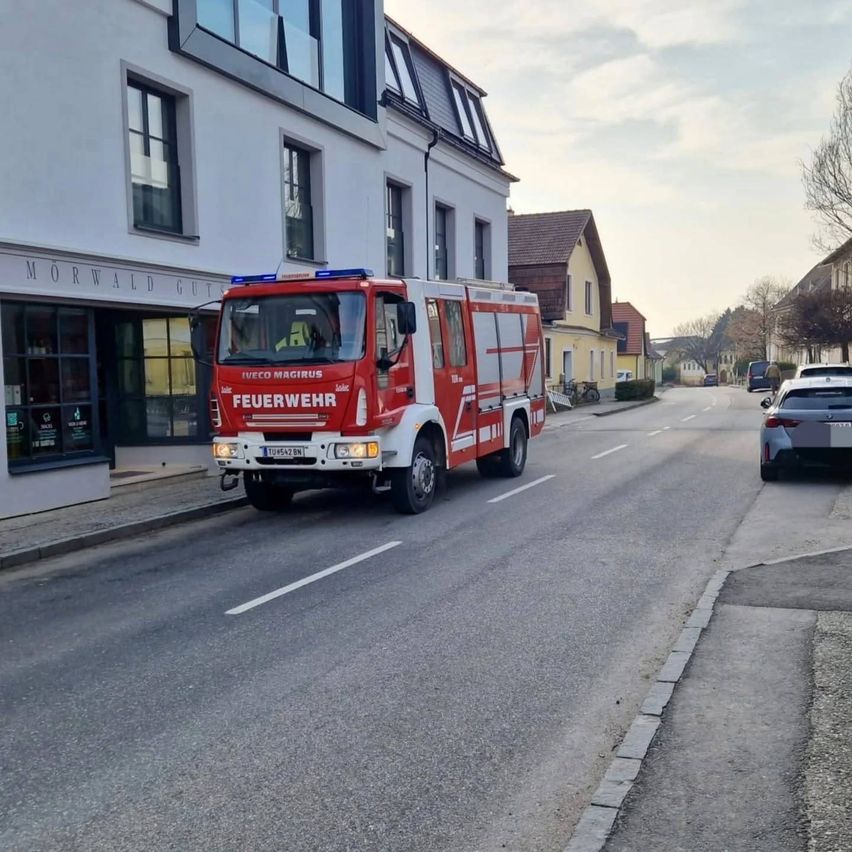 A fire truck is parked on the side of the road in front of a building labeled Morwald Gut. A car is parked nearby on the opposite side of the street.